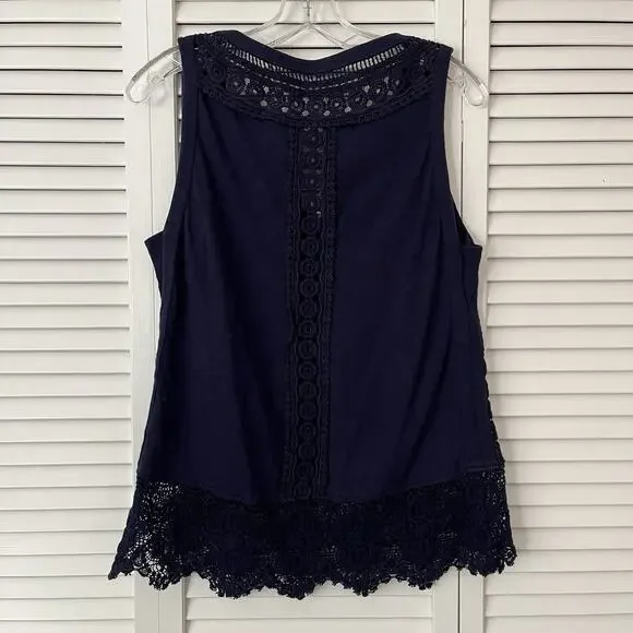 Anthropologie Meadow Rue Navy Blue blouse size M crochet eyelet scalloped hem - Picture 4 of 7